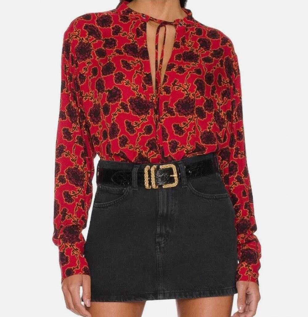 Free People Womens XS Red Black Mia Floral Long Sleeve Lightweight Tunic Boho